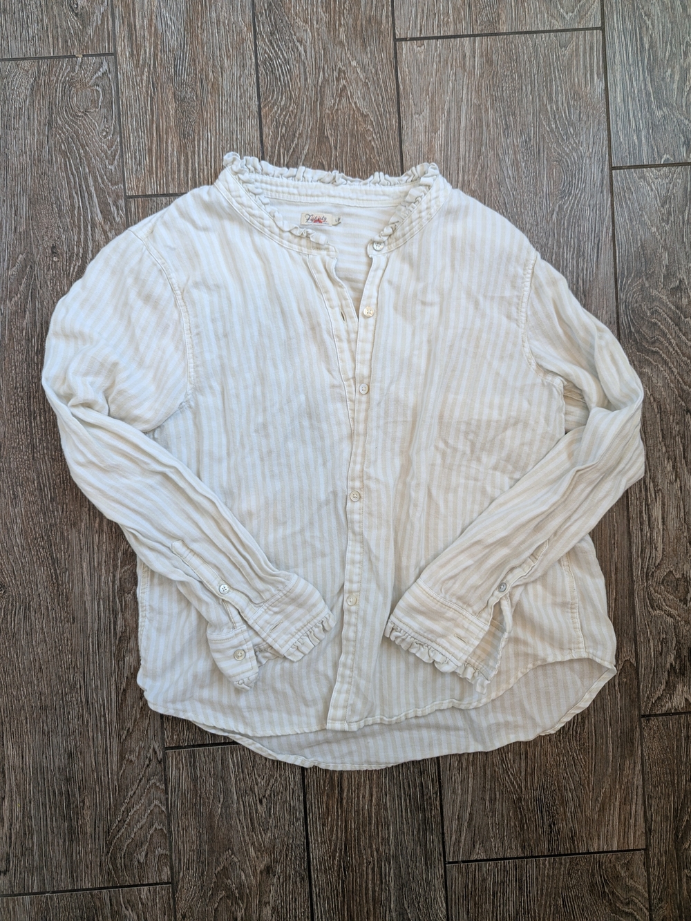 Faherty Cream Striped Ruffle Collar Button-Down Flannel Shirt Large